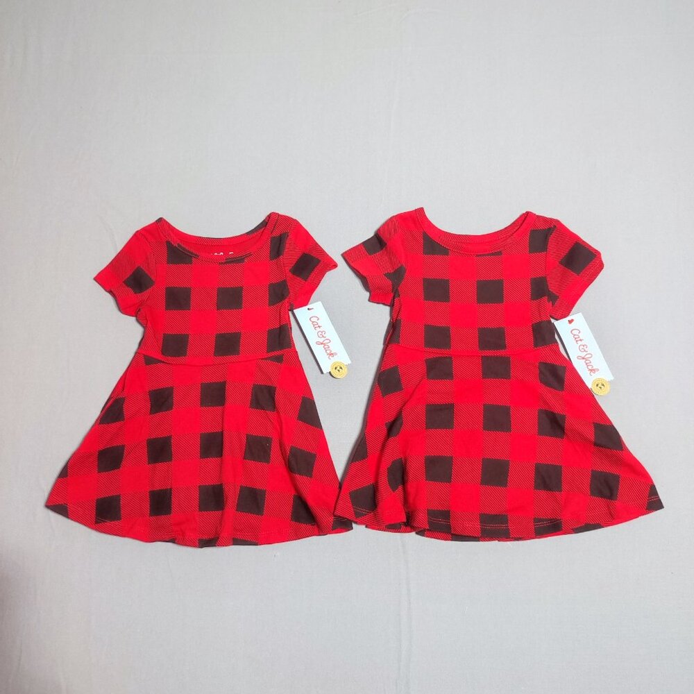 Lot 2 Cat and Jack baby infant dress girls size 12M red and black checkered